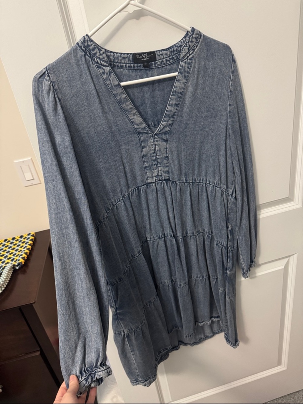 Velvet Heart Washed Blue Long-Sleeve Tiered soft denim V-Neck Dress